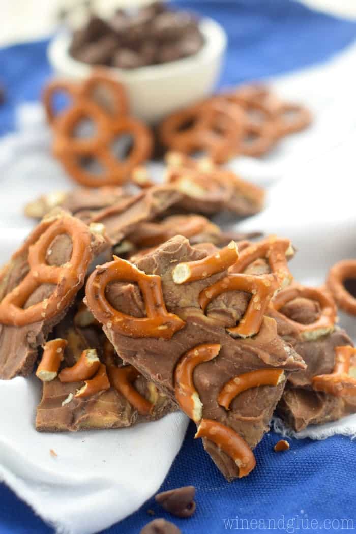 Broken up pieces of the Peanut Butter Chocolate Pretzel Bark in a pile.