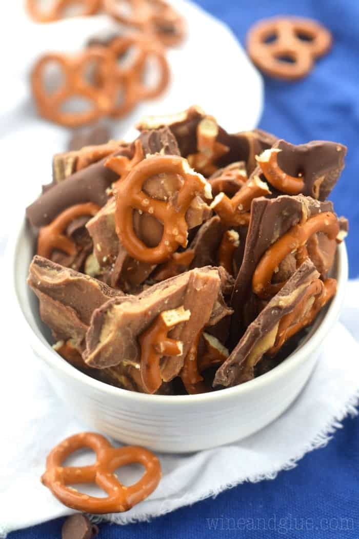 Broken pieces of Peanut Butter Chocolate Pretzel Bark in a bowl.