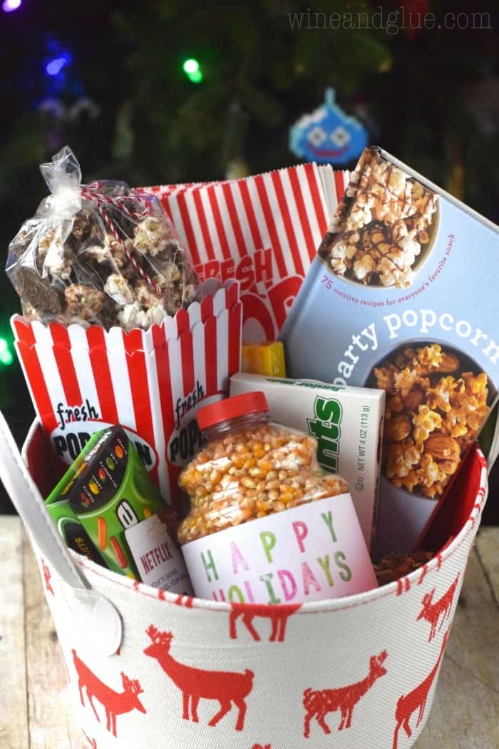 A popcorn themed gift basket complete with delicious Grasshopper Popcorn and a copy of Party Popcorn!