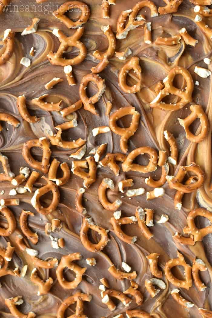 Peanut butter swirled in chocolate with broken pieces of pretzels sprinkled on top. 