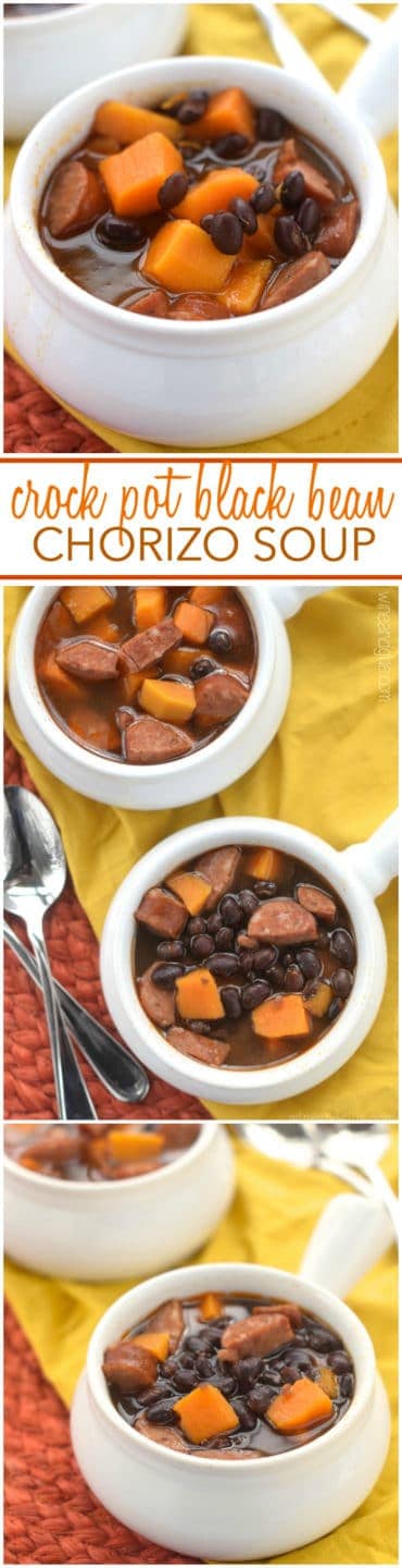 This Crock Pot Black Bean Chorizo Soup is the perfect comfort food, but easy enough for a weeknight meal!