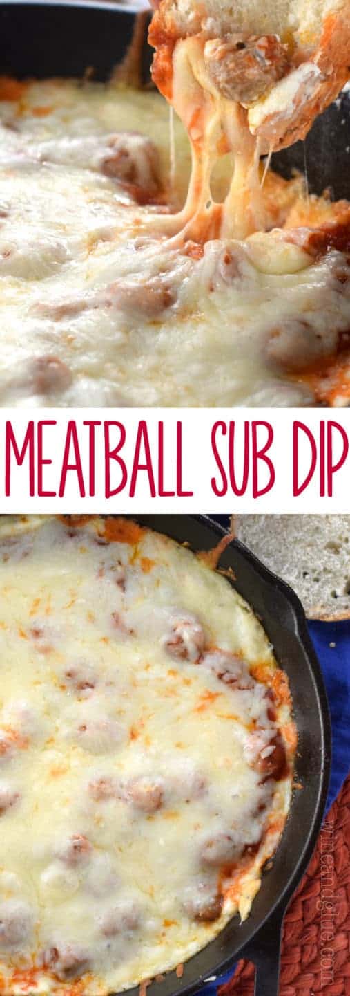 This Meatball Sub Dip is jam packed with flavor and cheesy goodness! Served hot with bread, it's the perfect appetizer!