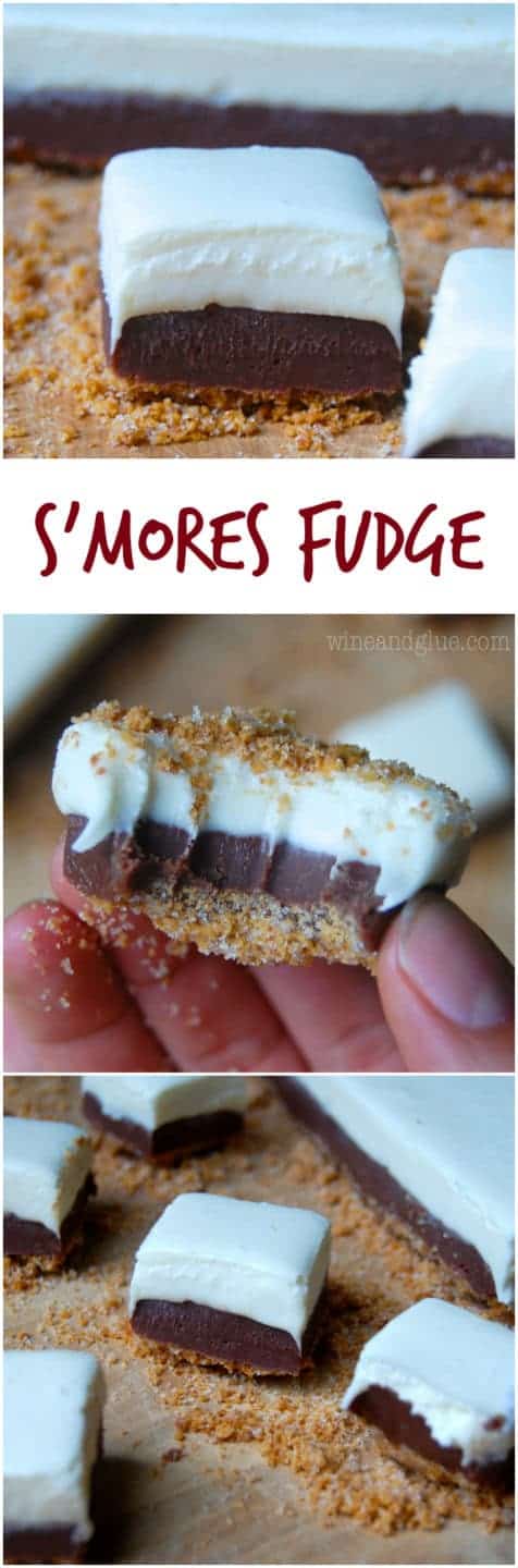 S’mores Fudge with a graham cracker crust and delicious marshmallow fudge topping sandwiching delicious chocolate fudge!S’mores Fudge with a graham cracker crust and delicious marshmallow fudge topping sandwiching delicious chocolate fudge!