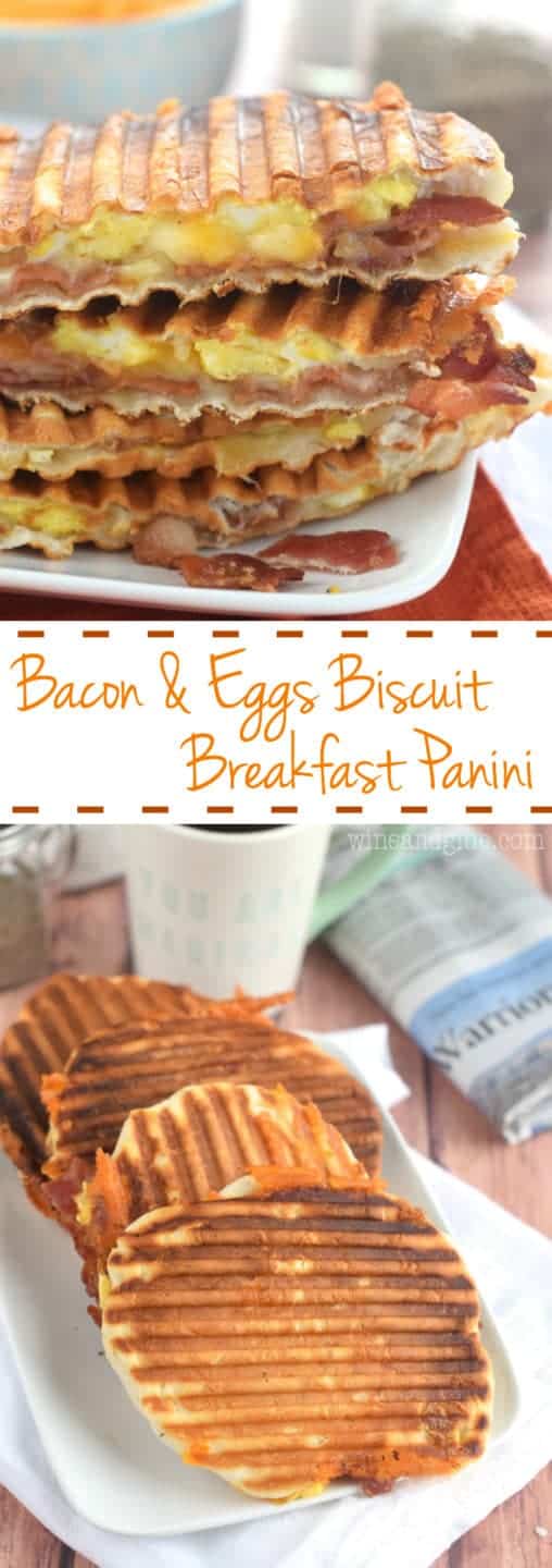 This Bacon and Eggs Biscuit Breakfast Panini is FOUR ingredients, and and all but the last two steps can be done ahead of time making it a fast breakfast!