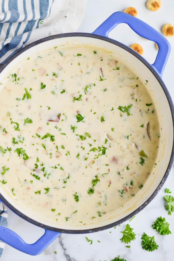 overhead view of pot of clam chowder recipe