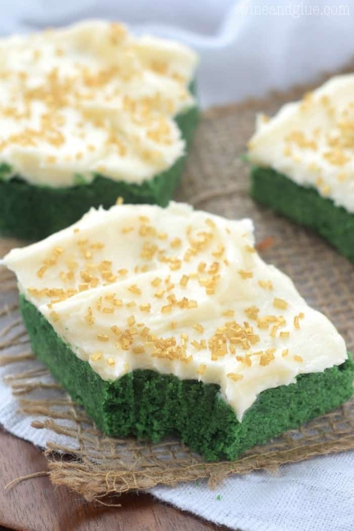 These Green Velvet Sugar Cookie Bars with Cream Cheese Frosting have have the amazing red velvet taste mixed with sugar cookie and could not be easier!