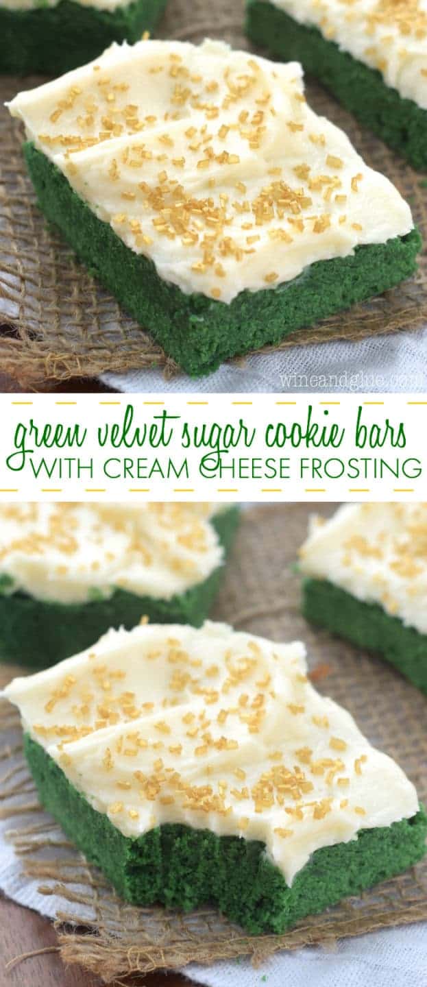 These Green Velvet Sugar Cookie Bars with Cream Cheese Frosting have have the amazing red velvet taste mixed with sugar cookie and could not be easier!
