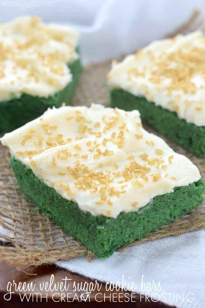 These Green Velvet Sugar Cookie Bars with Cream Cheese Frosting have have the amazing red velvet taste mixed with sugar cookie and could not be easier!
