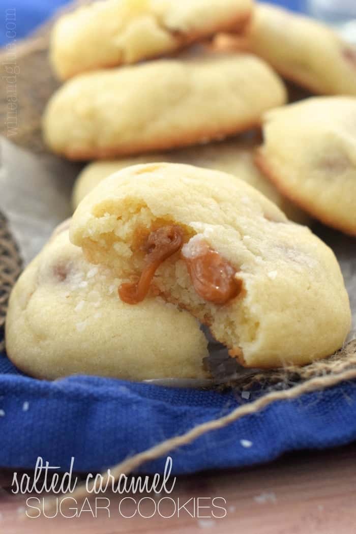 close up of salted caramel sugar cookies with caramel dripping out, says: salted caramel sugar cookies