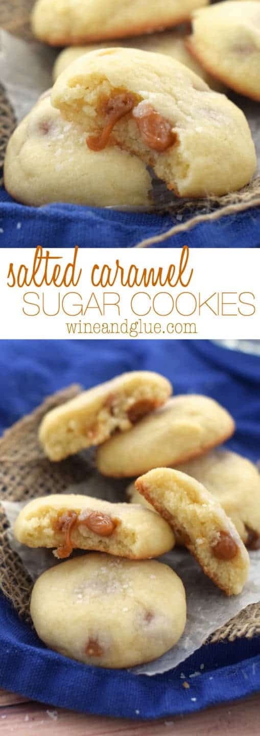 pinterest graphic of salted caramel sugar cookies, says: salted caramel sugar cookies wineandglue.com