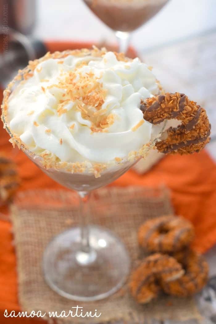 This Samoa Martini is your favorite cookie all grown up! Half dessert, half cocktail, all seriously delicious!