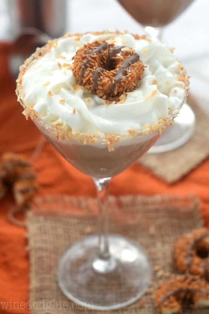 This Samoa Martini is your favorite cookie all grown up! Half dessert, half cocktail, all seriously delicious!