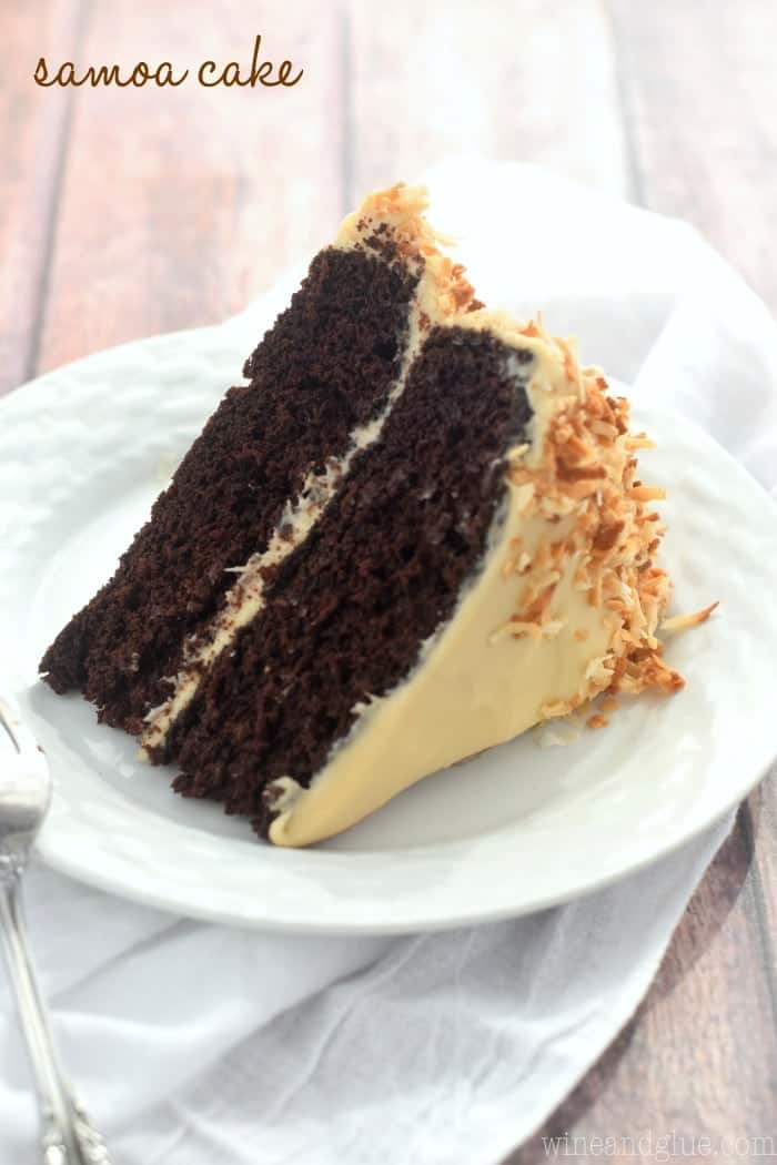 This Samoa Cake is the perfect combination of chocolate, caramel, and coconut. Moist, delicious, and perfectly rich!