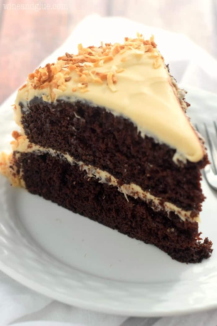 This Samoa Cake is the perfect combination of chocolate, caramel, and coconut. Moist, delicious, and perfectly rich!