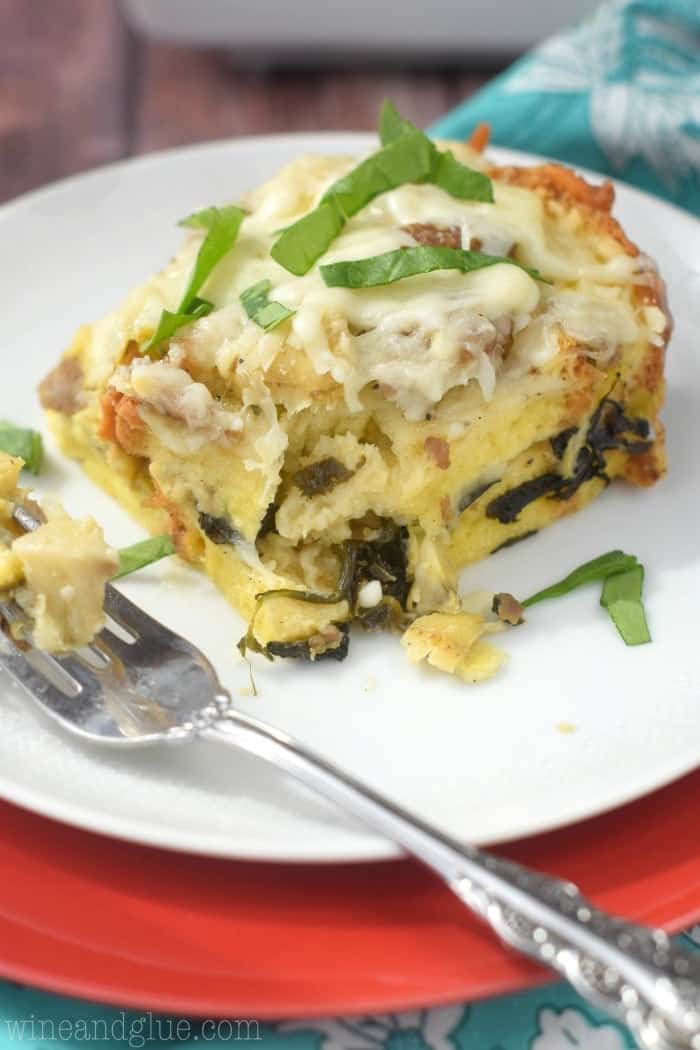This Overnight Spinach Artichoke Strata makes for a delicious breakfast casserole ready to throw in the morning!