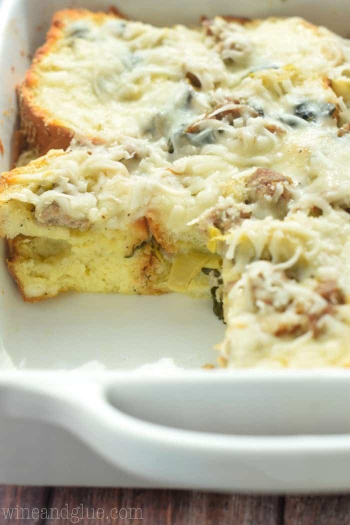 This Overnight Spinach Artichoke Strata makes for a delicious breakfast casserole ready to throw in the morning!