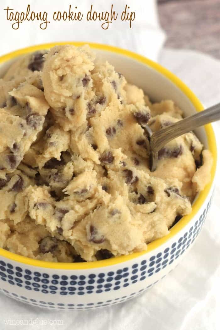 This Tagalong Cookie Dough Dip is that amazing chocolate and peanut butter Girl Scout cookie, broken down into cookie dough dip form!