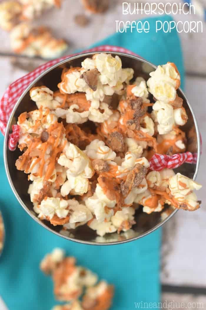 This Butterscotch Toffee Popcorn is THREE ingredients and only takes about five minutes to make!
