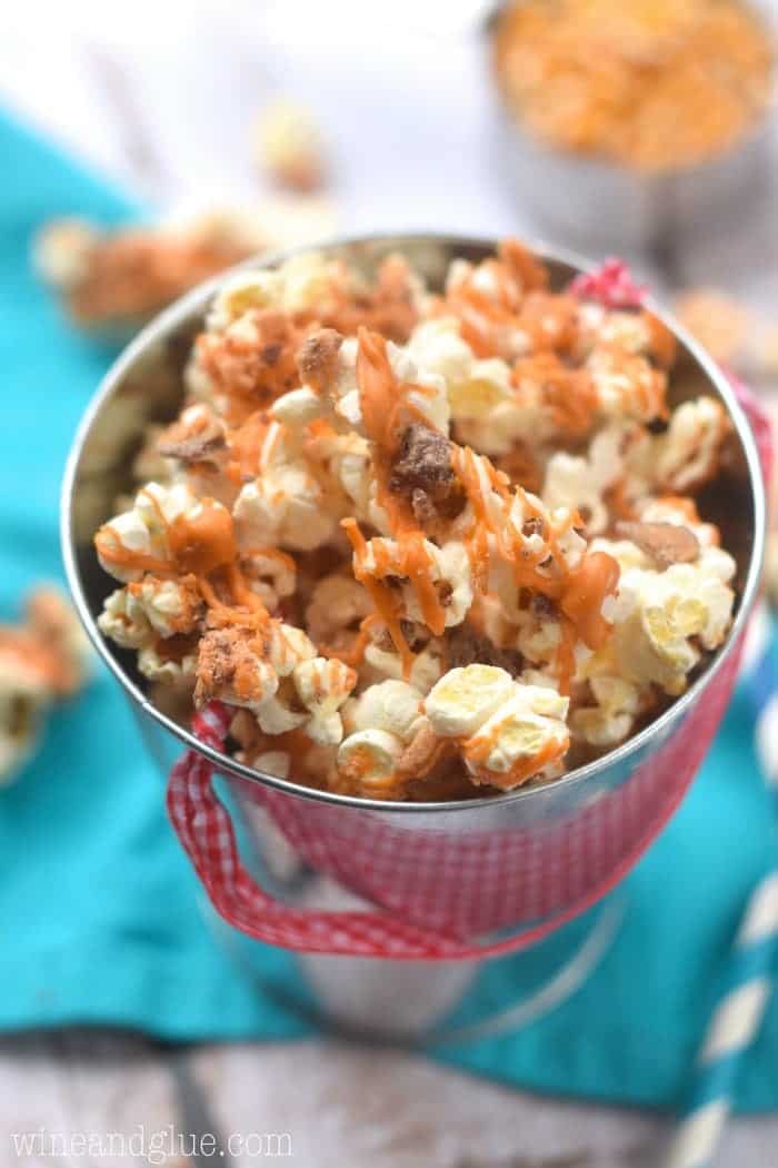 This Butterscotch Toffee Popcorn is THREE ingredients and only takes about five minutes to make!