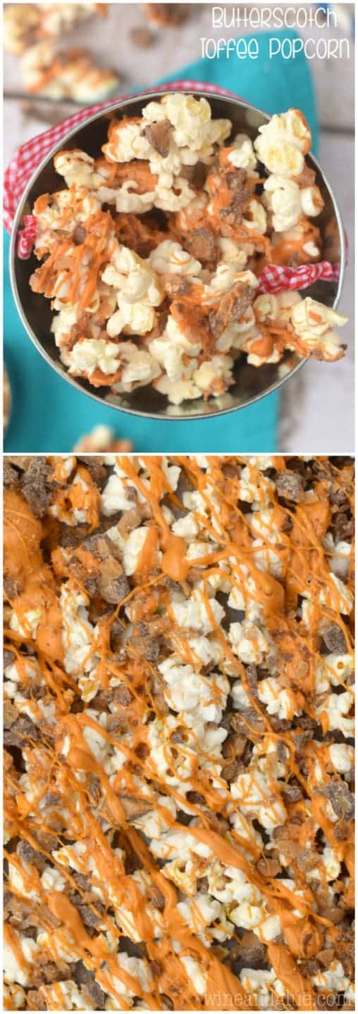 This Butterscotch Toffee Popcorn is THREE ingredientsand only takes like five minutes to make!