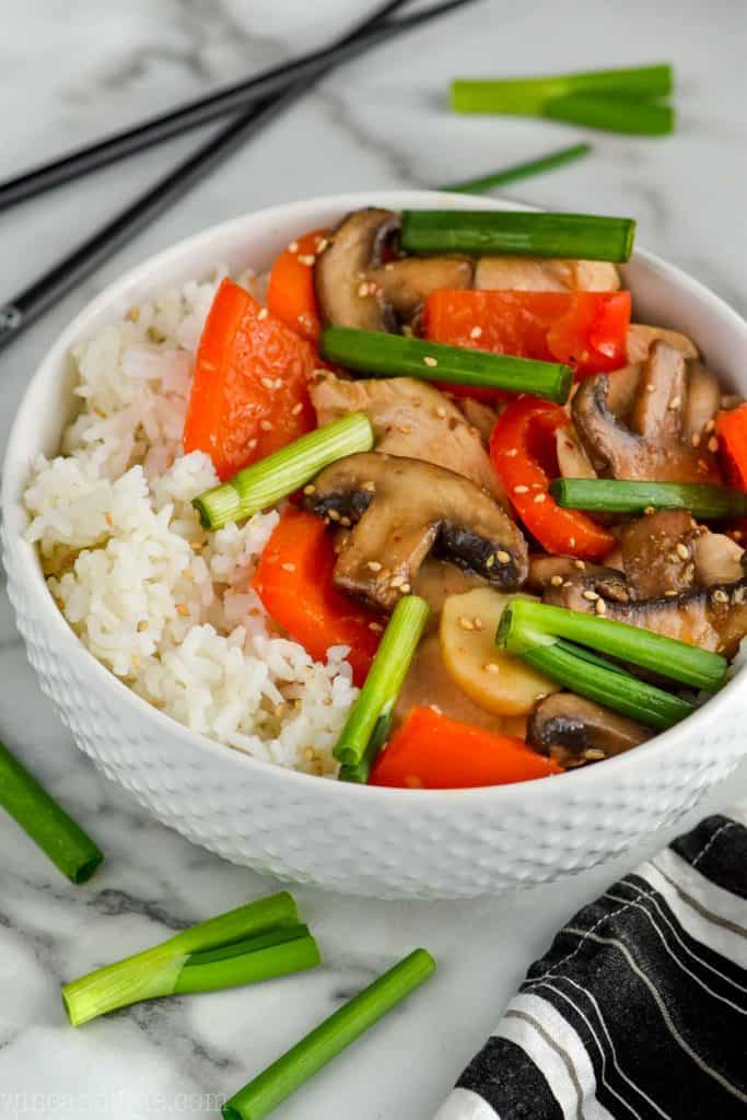 easy Szechuan chicken in a bowl over rice