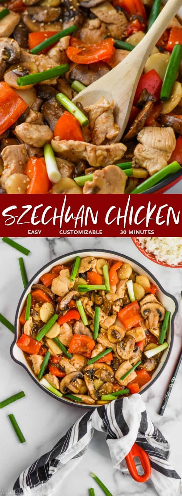 Serving spoon digging into a skillet of easy szechuan chicken