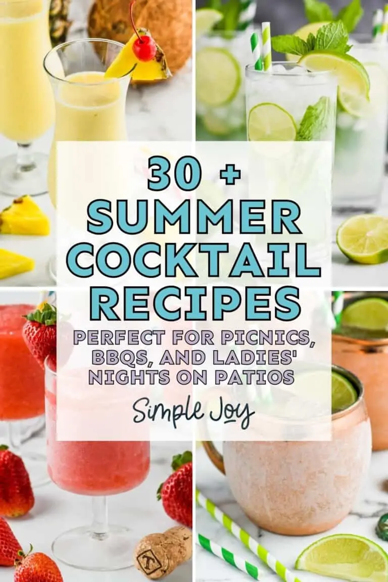 a collage of four summer cocktails with a graphic overlay