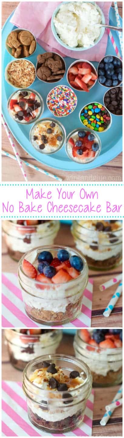 Make Your Own No Bake Cheesecake Bar!  A super fun idea for parties, and easy too!  Just make the filling, put out crackers for the crust and toppings and done!