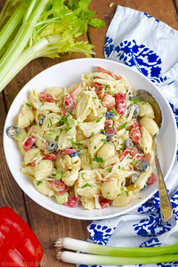 overhead view of a bowl of crab pasta salad