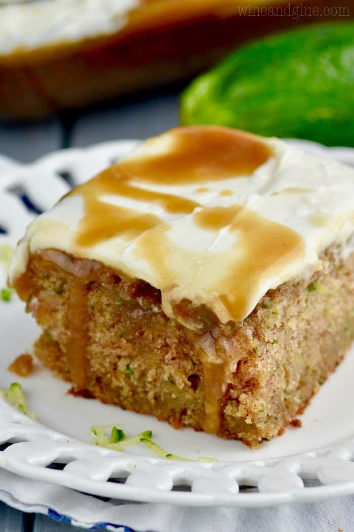 The Caramel Zucchini Poke Cake has a cream layer and drizzled with caramel. 