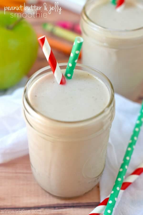 This Peanut Butter and Jelly Smoothie is such a perfect after school snack! Fills the kiddos up without being packed with sugar!