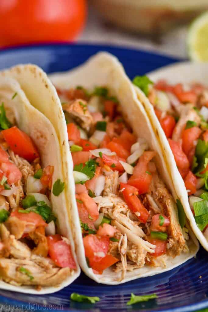 upclose picture of a chicken taco garnished with pico de Gallo