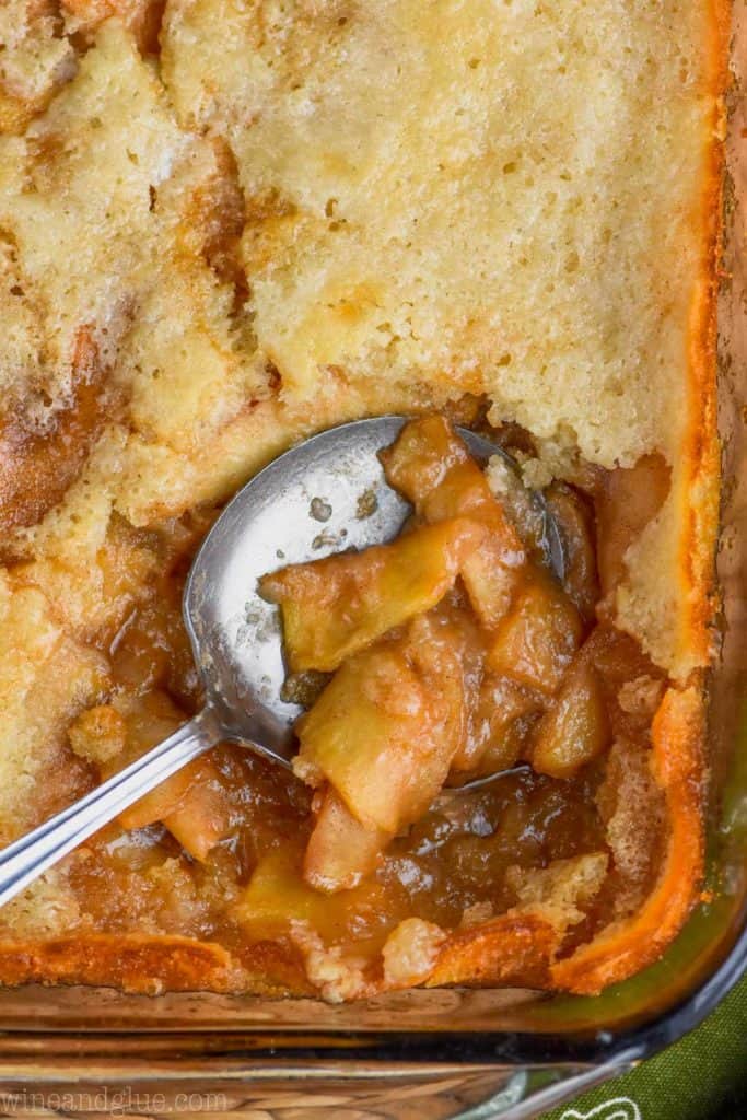 baking dish full of caramel apple cobbler recipe