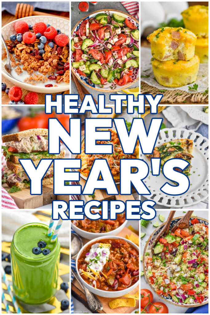 collage of healthy new year's recipes, says "healthy new year's recipes"