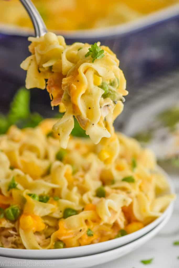 turkey noodle casserole on two stacked white plates that is being dished up by a fork