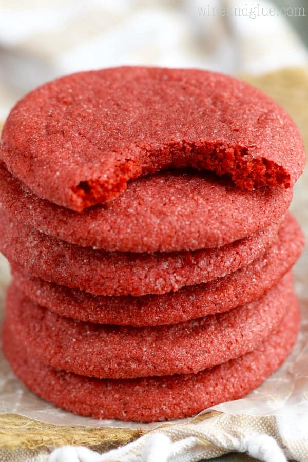 A stack of red velvet cookies.