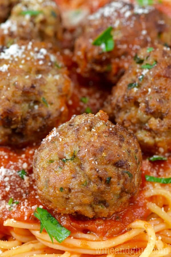 The Italian Meatballs has a brown crispy outside and tops the red pasta.  