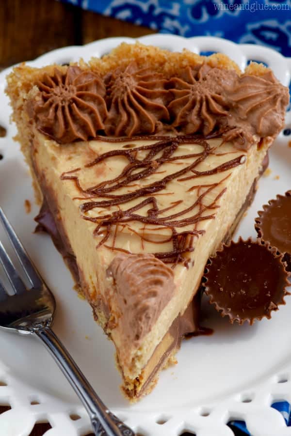 a front on view of a peanut butter cup pie drizzled with chocolate and with chocolate whipped cream