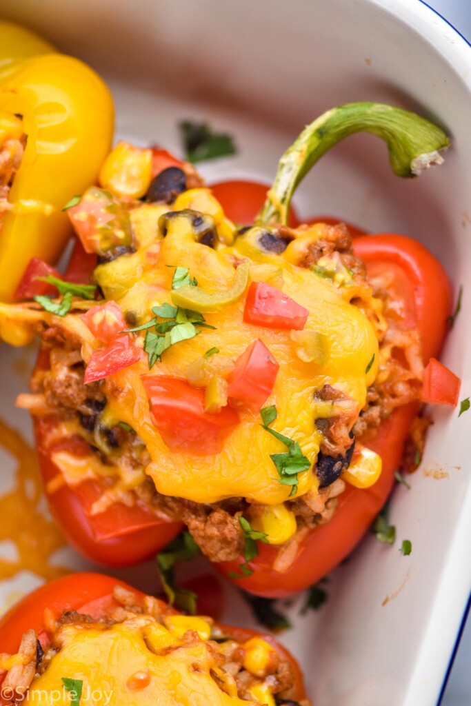 overhead of a stuffed taco pepper in a baking dish with cilantro and chopped tomatoes on top