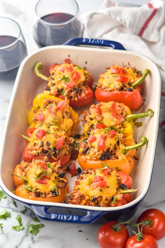 a baking dish with taco stuffed peppers recipe