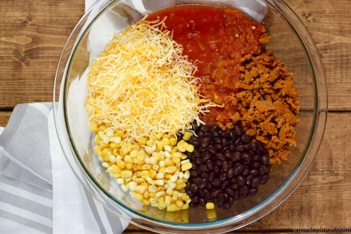 overhead photo of a bowl of ingredients for taco stuffed peppers