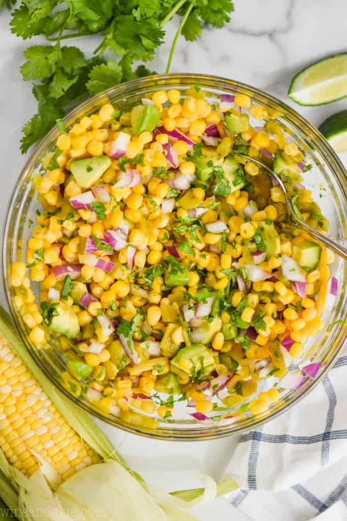 overhead view of a bowl of fresh corn salsa mixed together