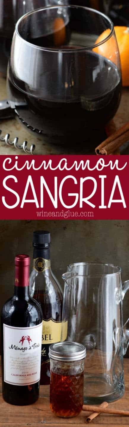 In a whine glass, the Cinnamon Sangria has an almost black color and surrounded by cinnamon sticks and oranges. 