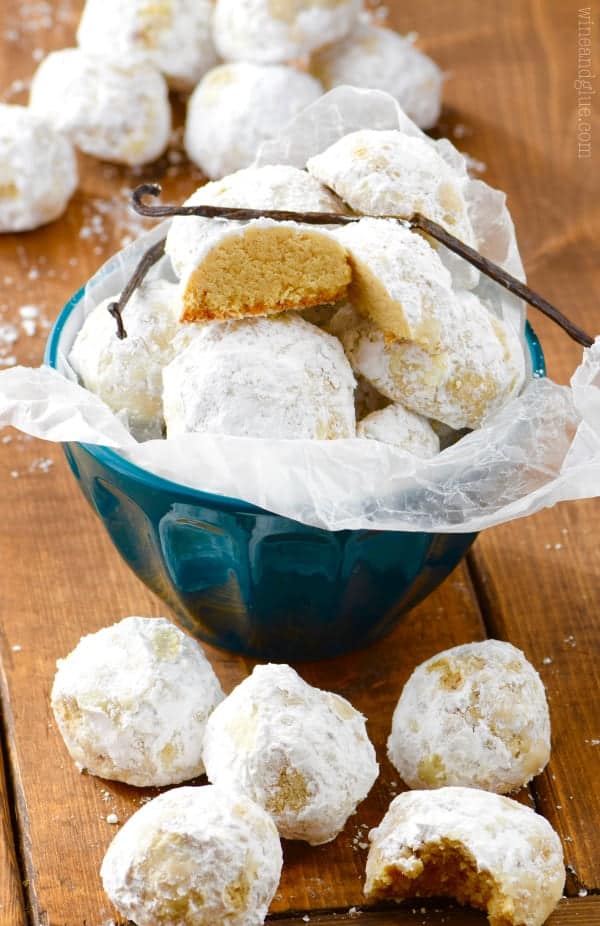 Vanilla Bean Snowball Cookies on a table. 