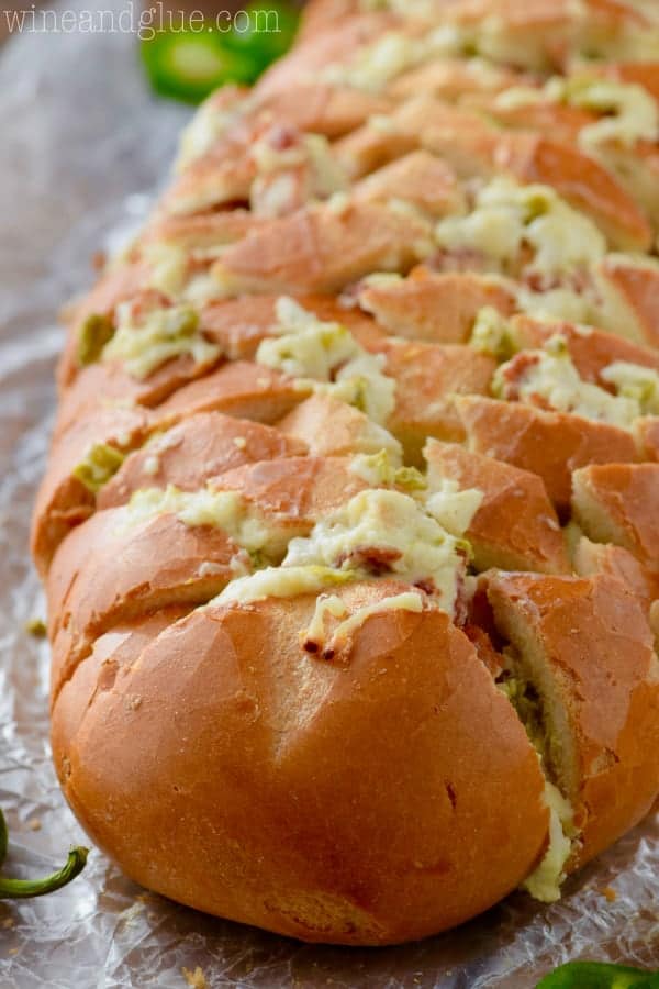 Melted cheese and minced up jalapenos are oozing out in the Jalapeno Popper Pull Apart Bread. 