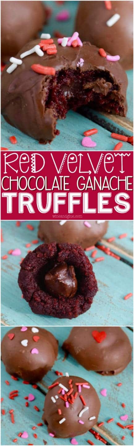 The Red Velvet Chocolate Ganache Truffles has a hard chocolate exterior topped with sprinkles and a soft cake interior with a little ganache in the middle. 