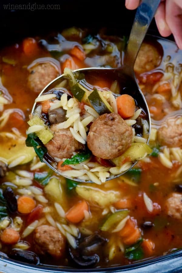 Ladle full of vegetable meatball soup