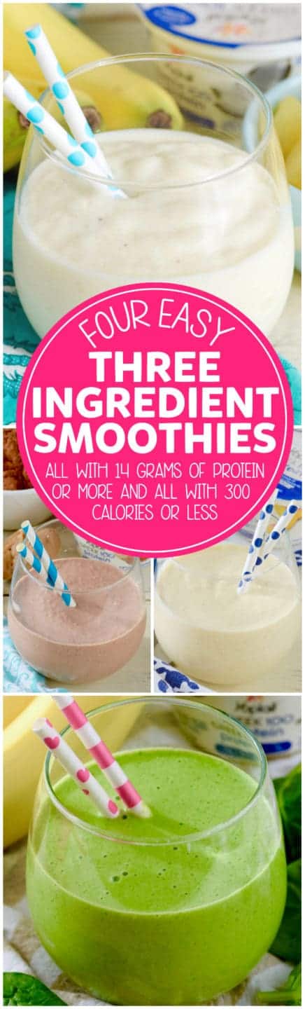 These Easy Three Ingredient Smoothies could not be more simple! Plus with at least 14-15 grams of protein each and less than 300 calories, they are a total win!