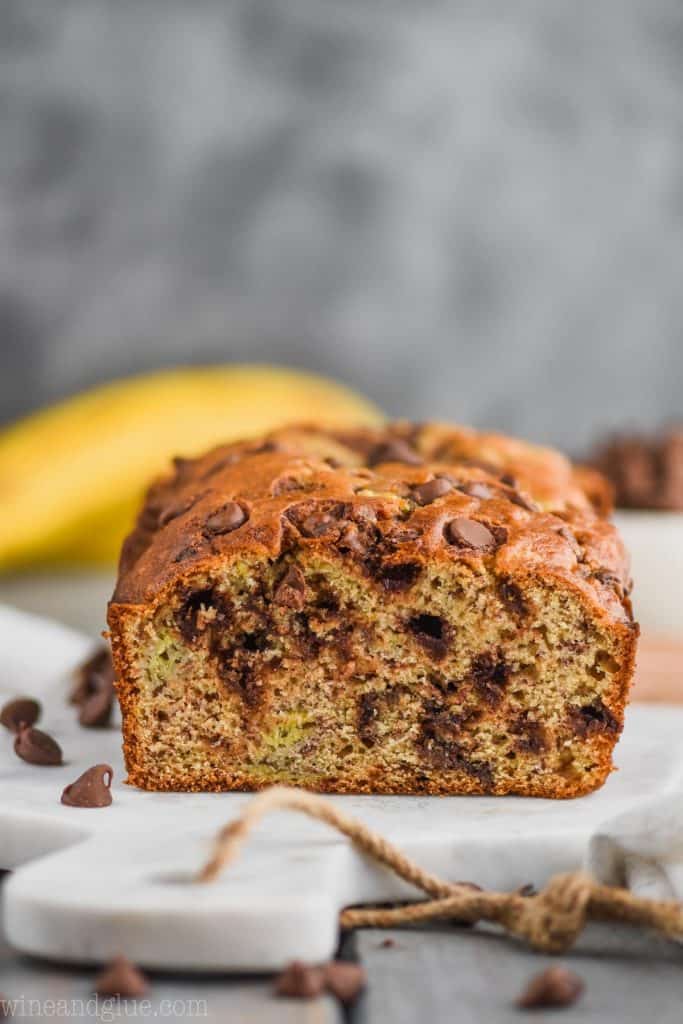 front view of the best chocolate chip banana bread recipe on a cutting board