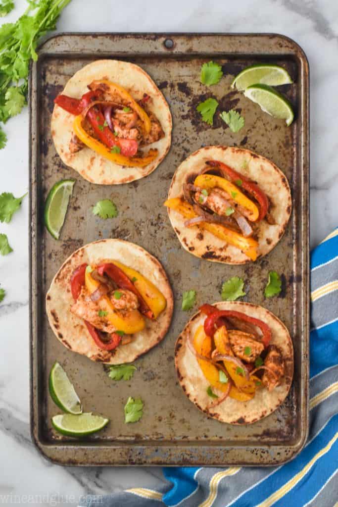 overhead view of chicken fajitas that were made in the oven